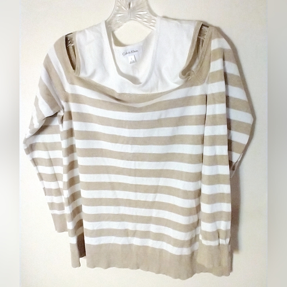 CALVIN KLEIN WOMEN'S MISSES SIZE LARGE BEIGE & WHITE STRIPES COLD SHOULDER TOP